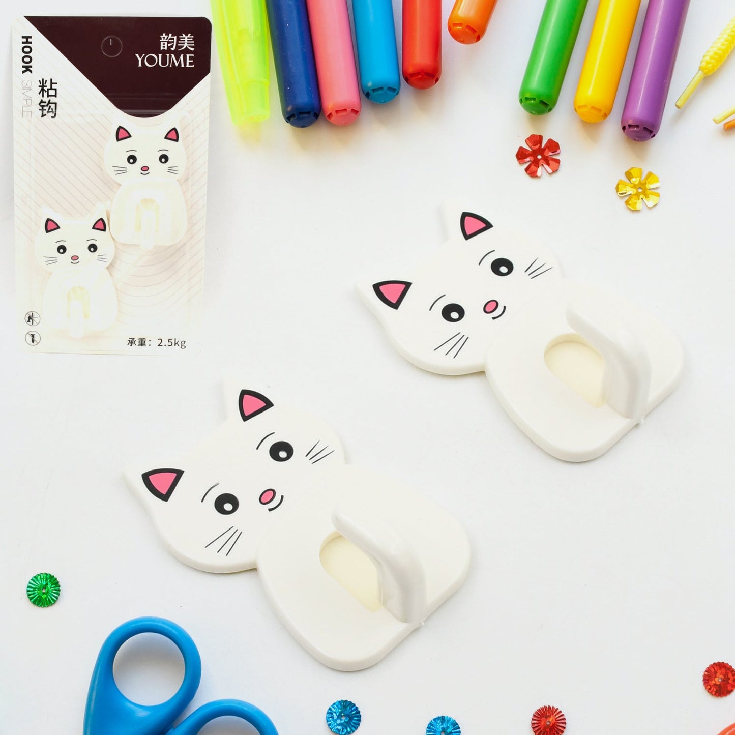 Cute Cat Wall Mounted Hook, Heavy Duty Hook, Sticky Hook Household, For Home, All Type Wall Use Hook, Suitable for Bathroom, Kitchen, Office (2 Pc Set)