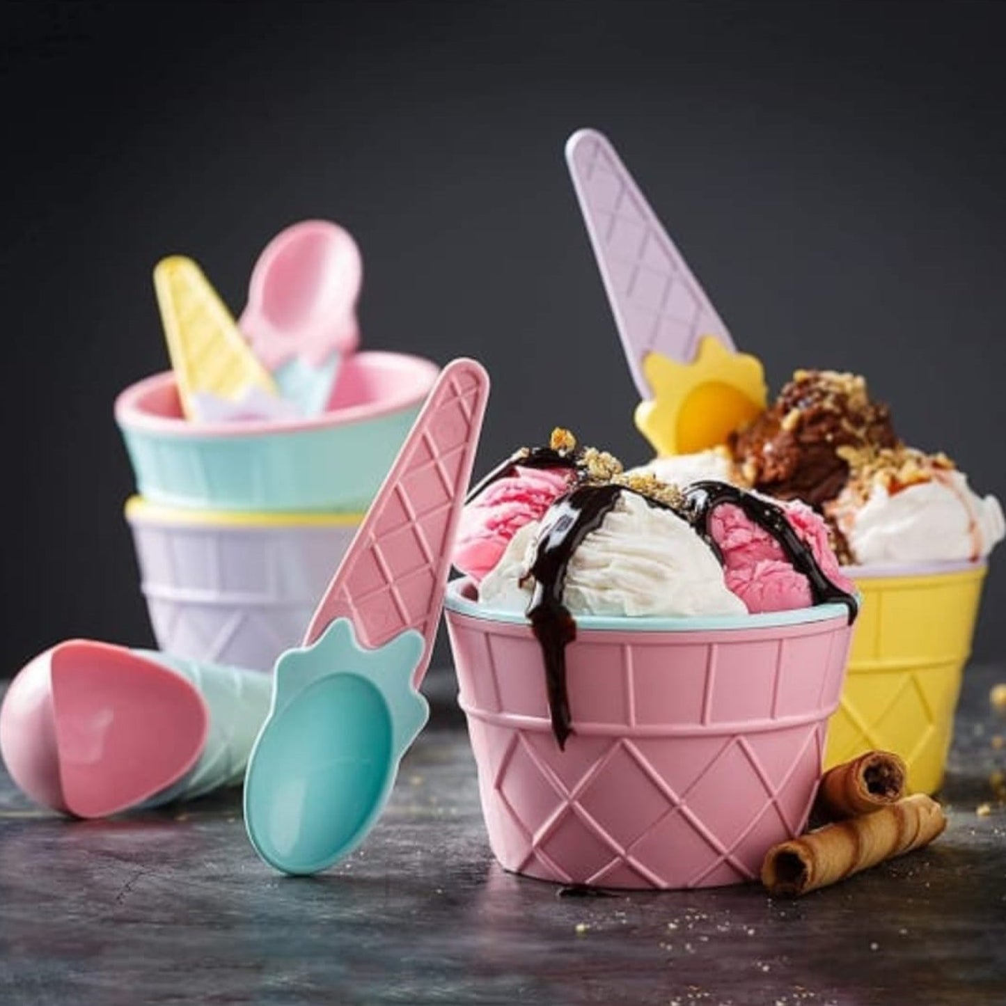 Premium Waffle Ice Cream Bowl & Spoon Set | Elegant 6-Piece Dessert Set | Perfect for Couples & Families | Stylish Gift Packaging