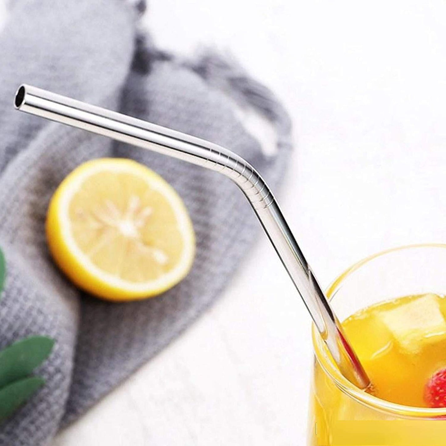 Set of 4 Reusable Bent Stainless Steel Straws with Cleaning Brush