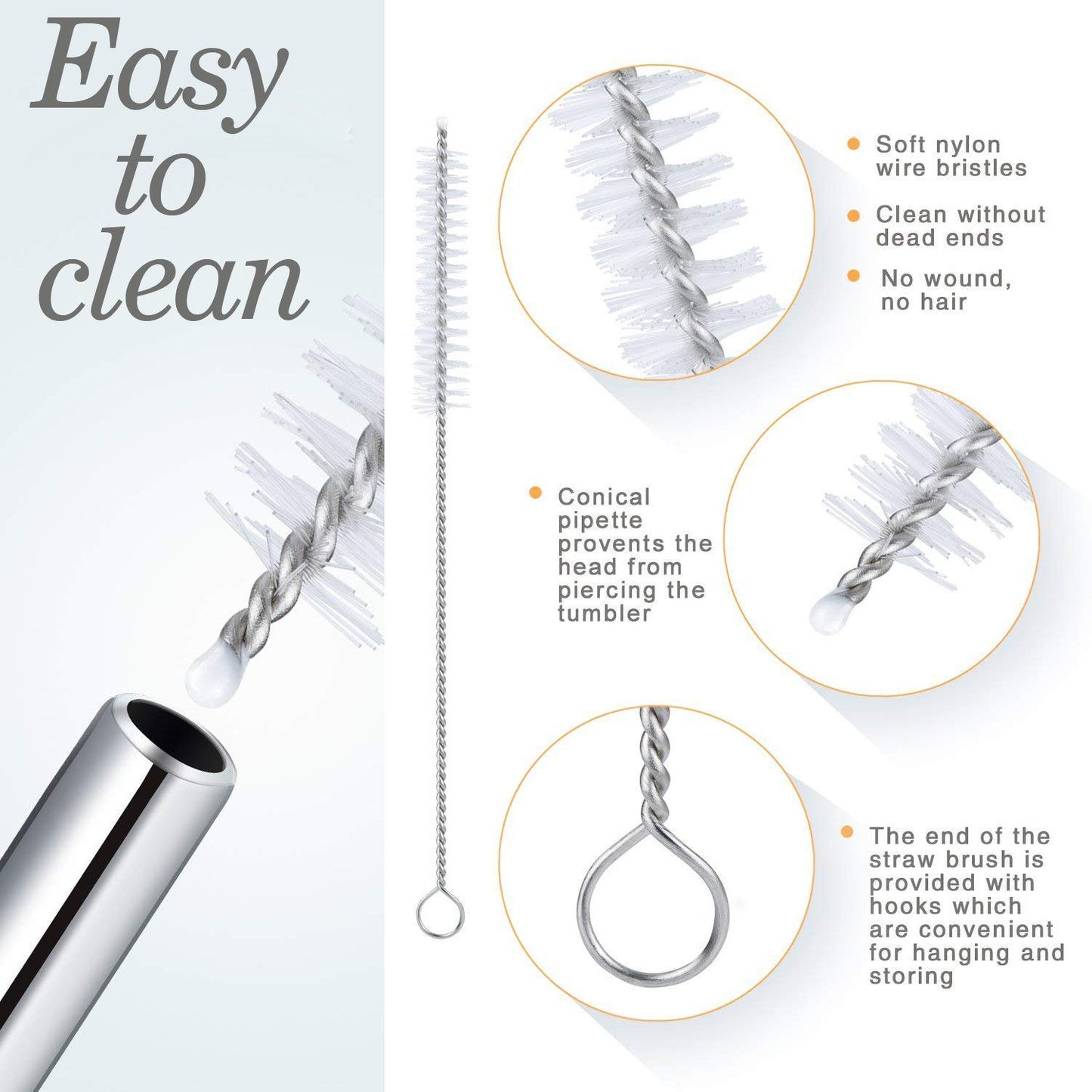 Set of 4 Reusable Bent Stainless Steel Straws with Cleaning Brush