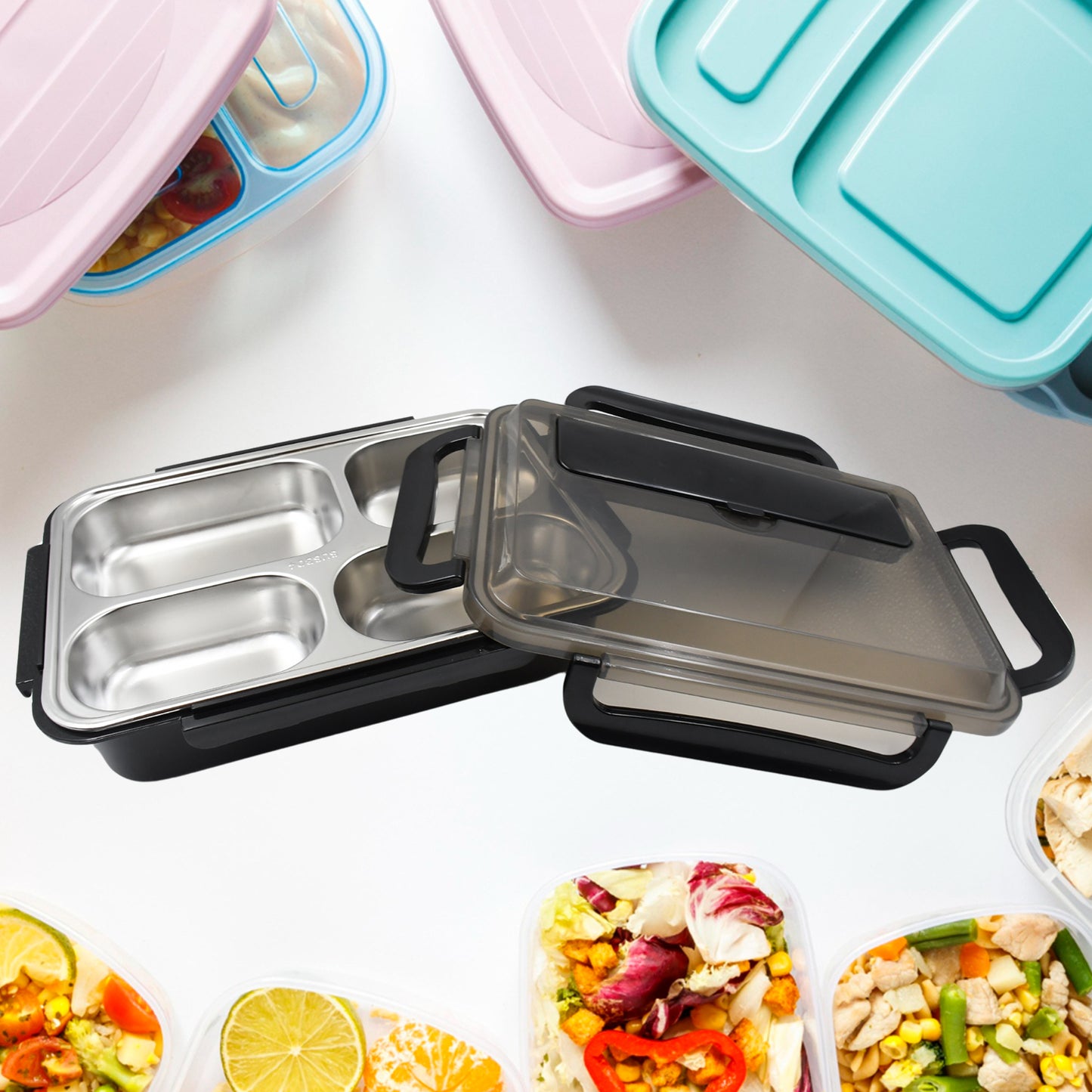 10034 4 Compartment Insulated Lunch Box Stainless Steel Tiffin Box For Boys Girls School Office Men For Microwave Dishwasher Freezer Safe Adult Children Food Container (1 Pc)