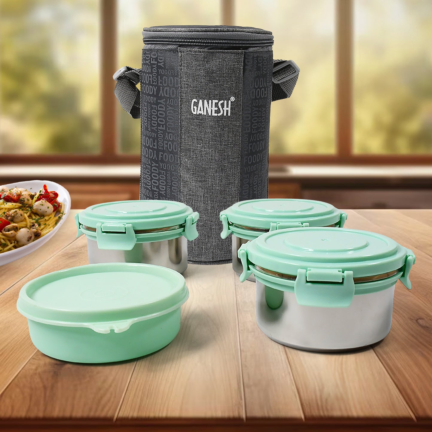 8717 4in1tiffin Box-lunch Box 3 Stainless Steel Containers 300 Ml Approx Plastic Salad Container 200 Ml Approx Plastic Lid Box Round Zip Bag Leak Proof Microwave Safefor Office College And School For Men Women