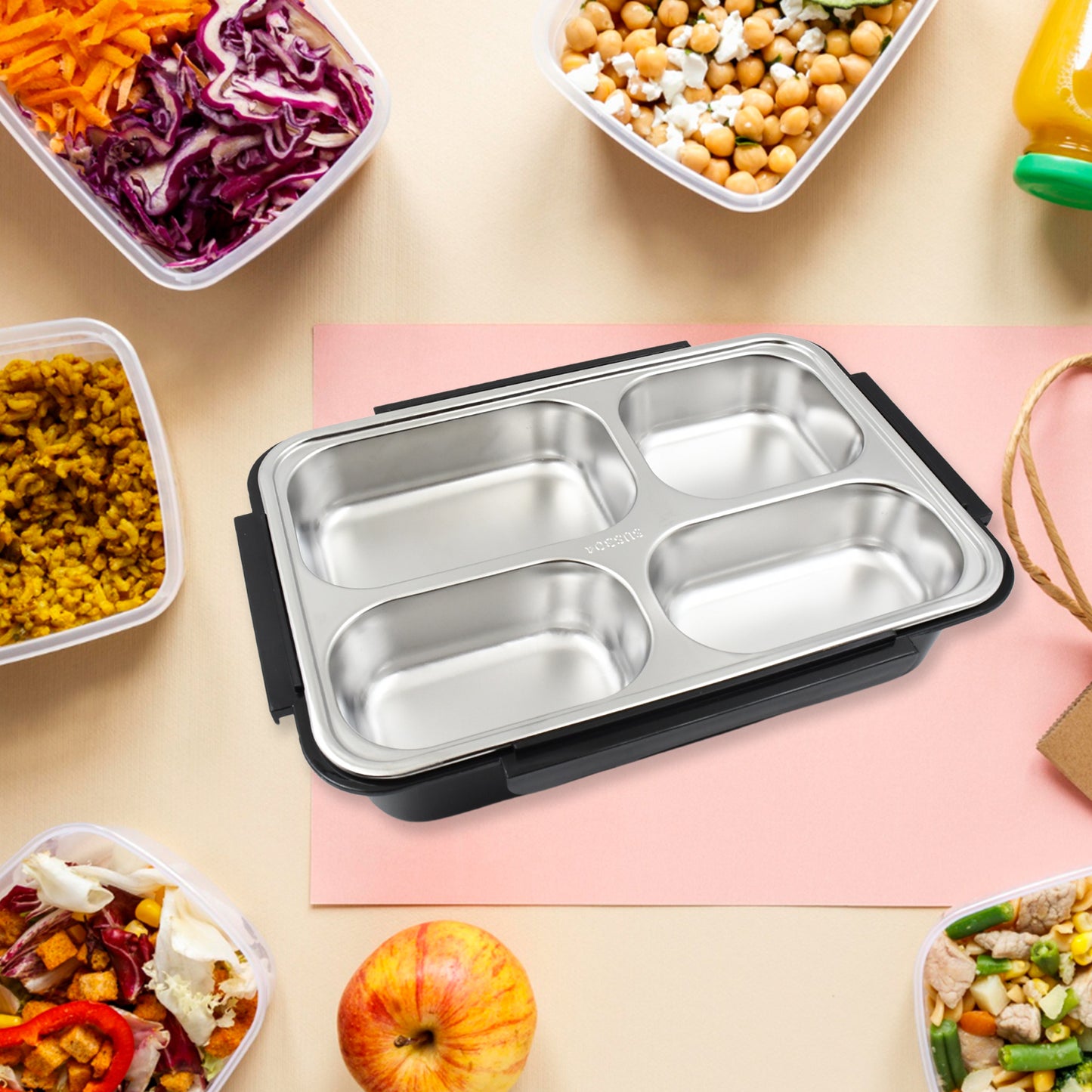 10034 4 Compartment Insulated Lunch Box Stainless Steel Tiffin Box For Boys Girls School Office Men For Microwave Dishwasher Freezer Safe Adult Children Food Container (1 Pc)