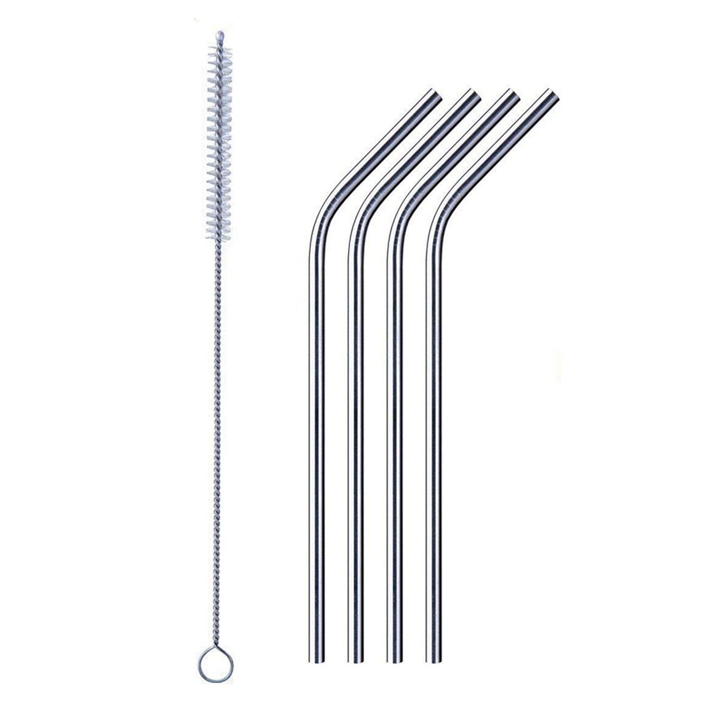 Set of 4 Reusable Bent Stainless Steel Straws with Cleaning Brush