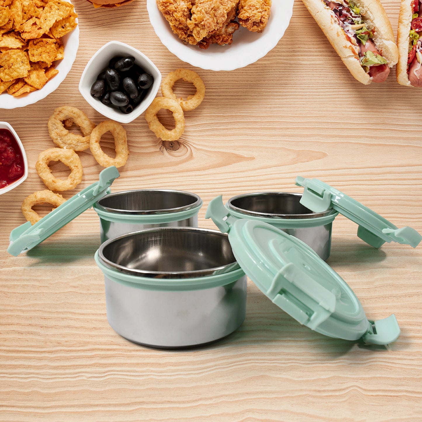 8717 4in1tiffin Box-lunch Box 3 Stainless Steel Containers 300 Ml Approx Plastic Salad Container 200 Ml Approx Plastic Lid Box Round Zip Bag Leak Proof Microwave Safefor Office College And School For Men Women