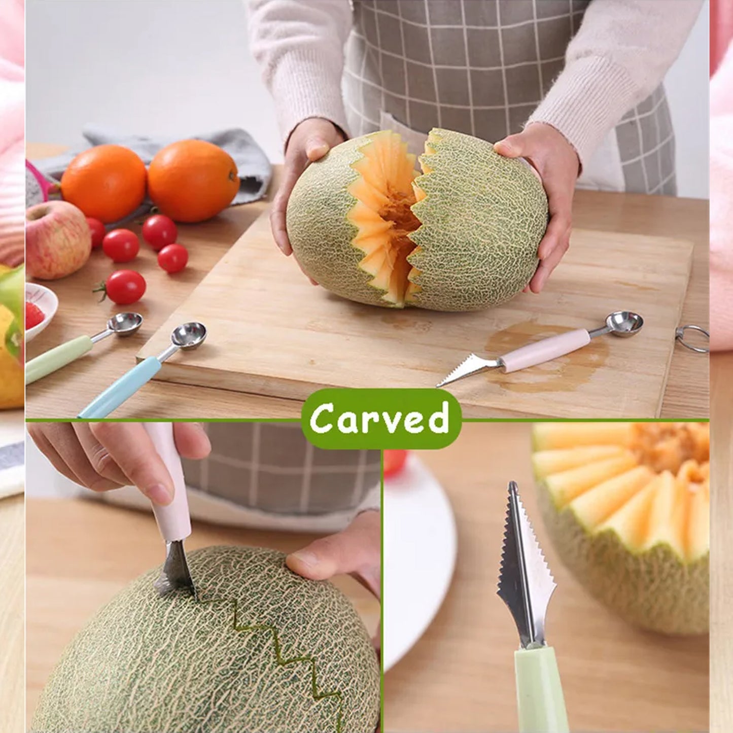 Stainless Steel Fruit Carving Tool Set, 2-in-1 Fruit Scoop & Carving Knife