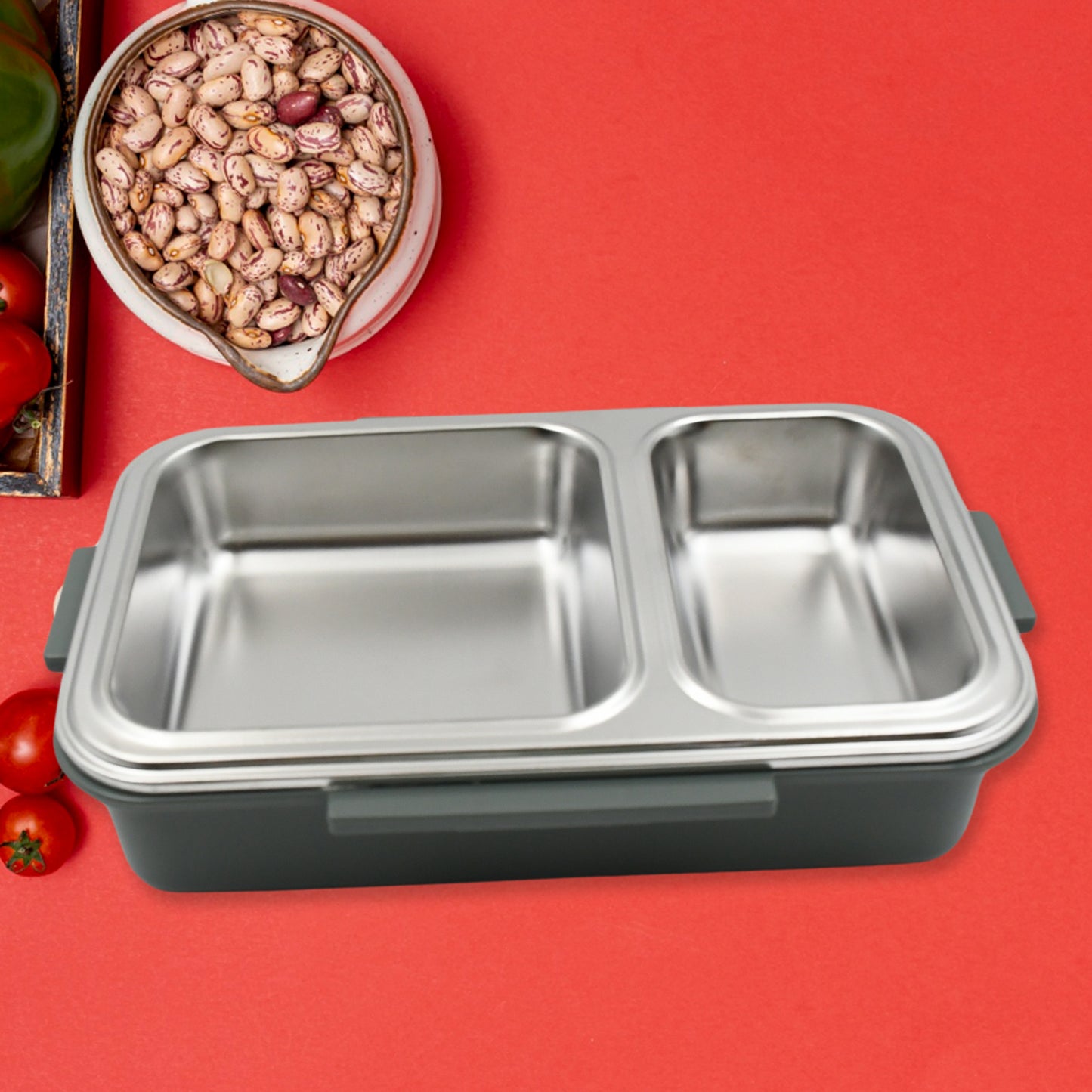5583 Miracle Quick Lock Leak Proof 2 Compartment Stainless Steel Lunch Box Inner Plate Reusable Microwave Freezer Safe Lunch Box Trendy Thermal Insulation Leak Proof For Office Vacuum Tiffin Box For Boys Girls School Office Women And Men