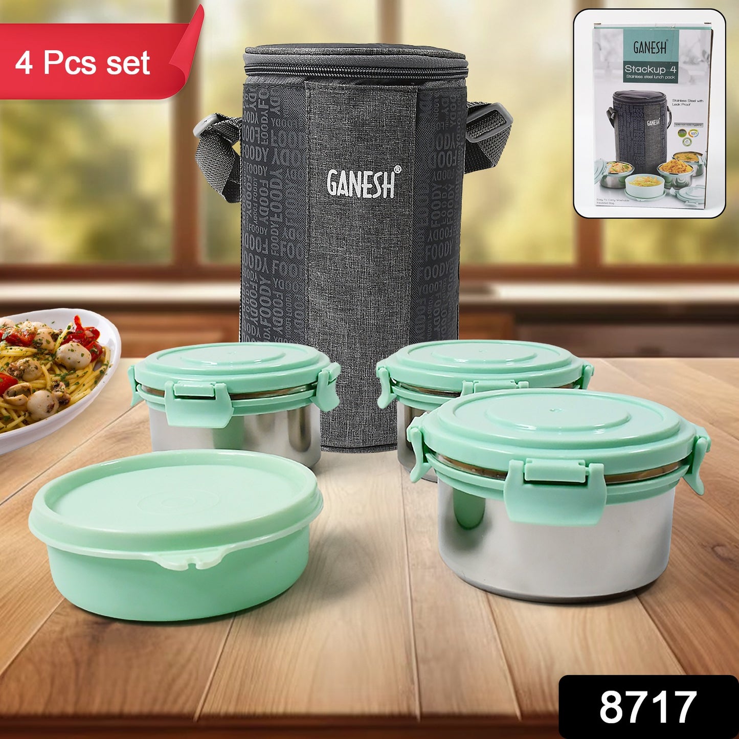 8717 4in1tiffin Box-lunch Box 3 Stainless Steel Containers 300 Ml Approx Plastic Salad Container 200 Ml Approx Plastic Lid Box Round Zip Bag Leak Proof Microwave Safefor Office College And School For Men Women
