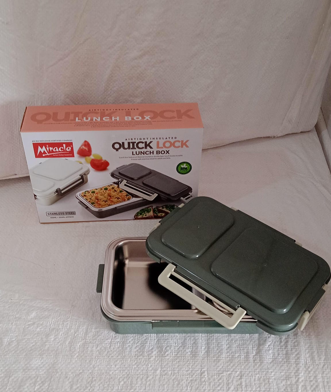 5583 Miracle Quick Lock Leak Proof 2 Compartment Stainless Steel Lunch Box Inner Plate Reusable Microwave Freezer Safe Lunch Box Trendy Thermal Insulation Leak Proof For Office Vacuum Tiffin Box For Boys Girls School Office Women And Men