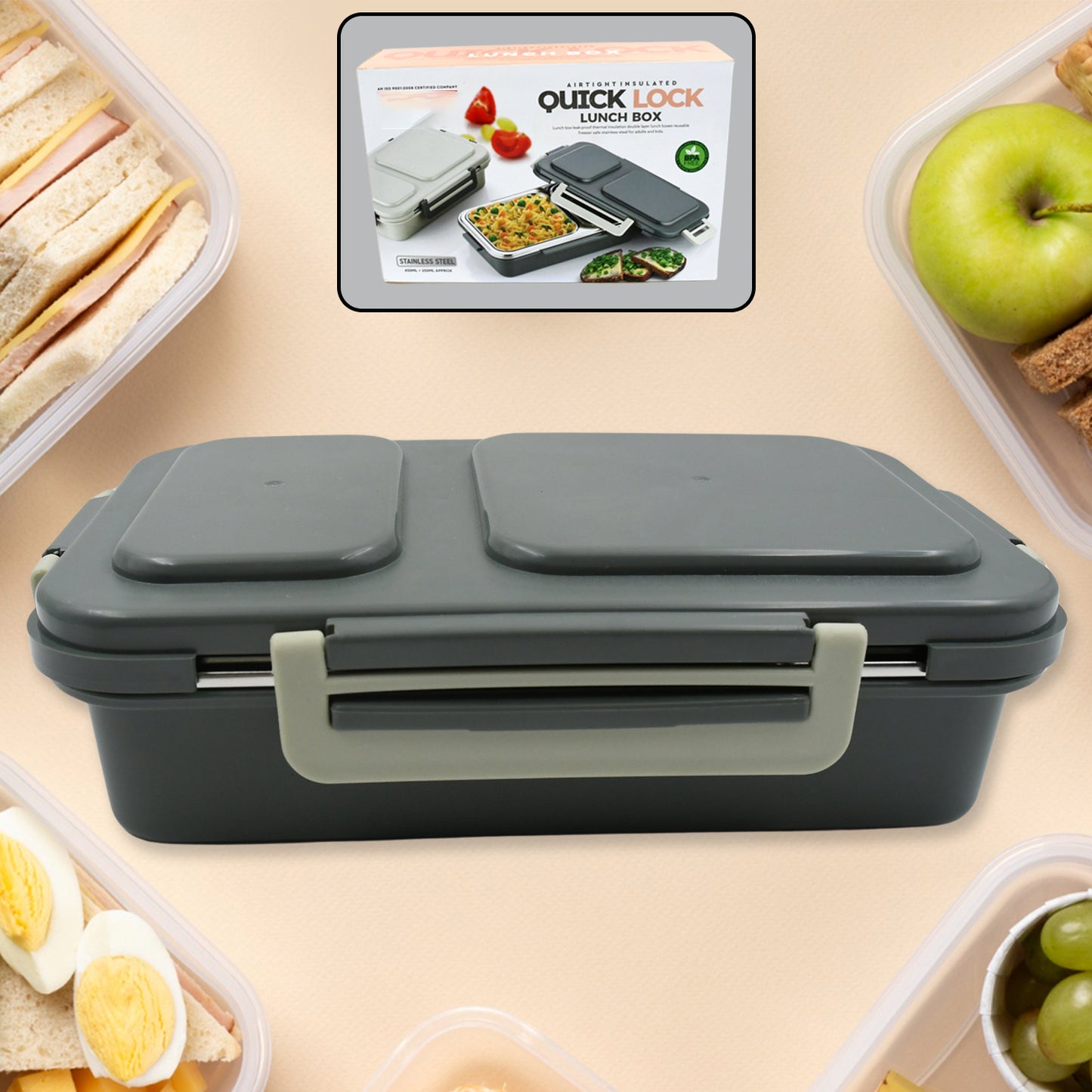 5583 Miracle Quick Lock Leak Proof 2 Compartment Stainless Steel Lunch Box Inner Plate Reusable Microwave Freezer Safe Lunch Box Trendy Thermal Insulation Leak Proof For Office Vacuum Tiffin Box For Boys Girls School Office Women And Men