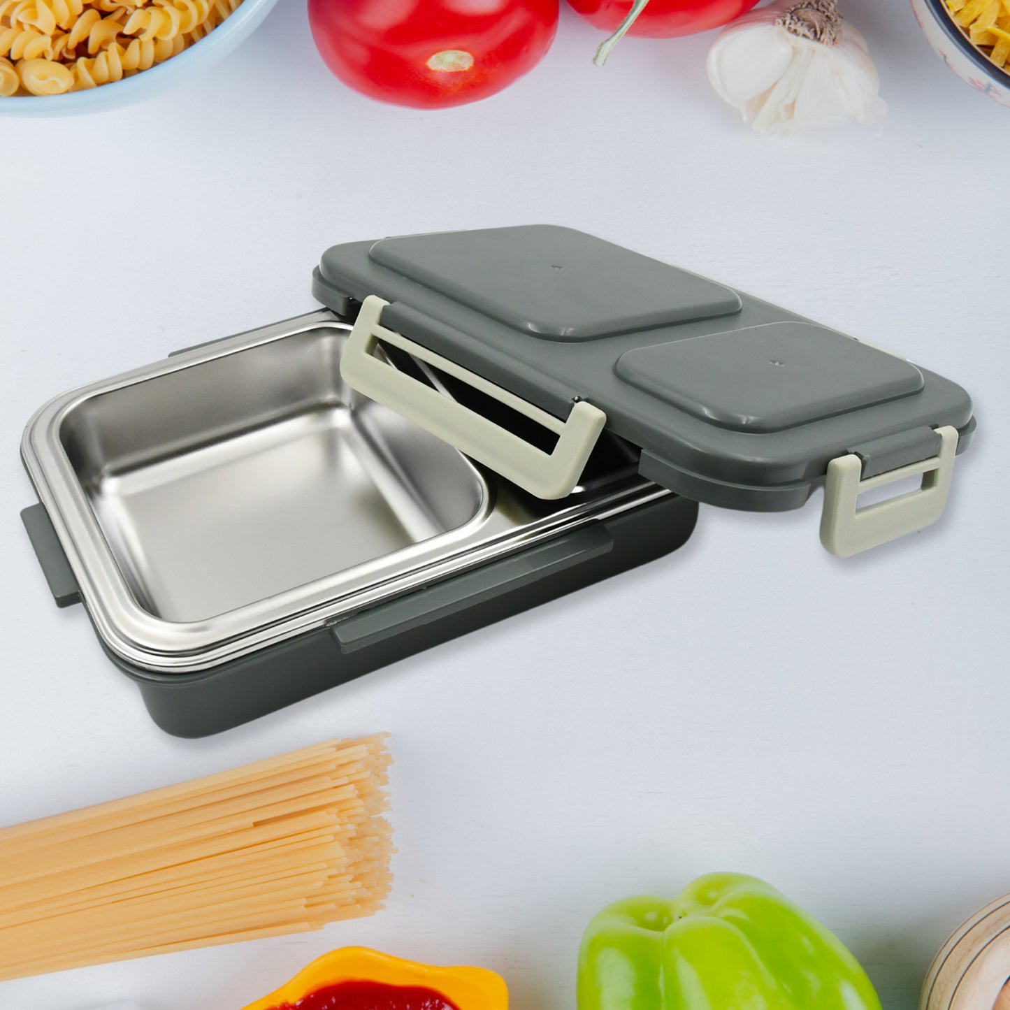 5583 Miracle Quick Lock Leak Proof 2 Compartment Stainless Steel Lunch Box Inner Plate Reusable Microwave Freezer Safe Lunch Box Trendy Thermal Insulation Leak Proof For Office Vacuum Tiffin Box For Boys Girls School Office Women And Men