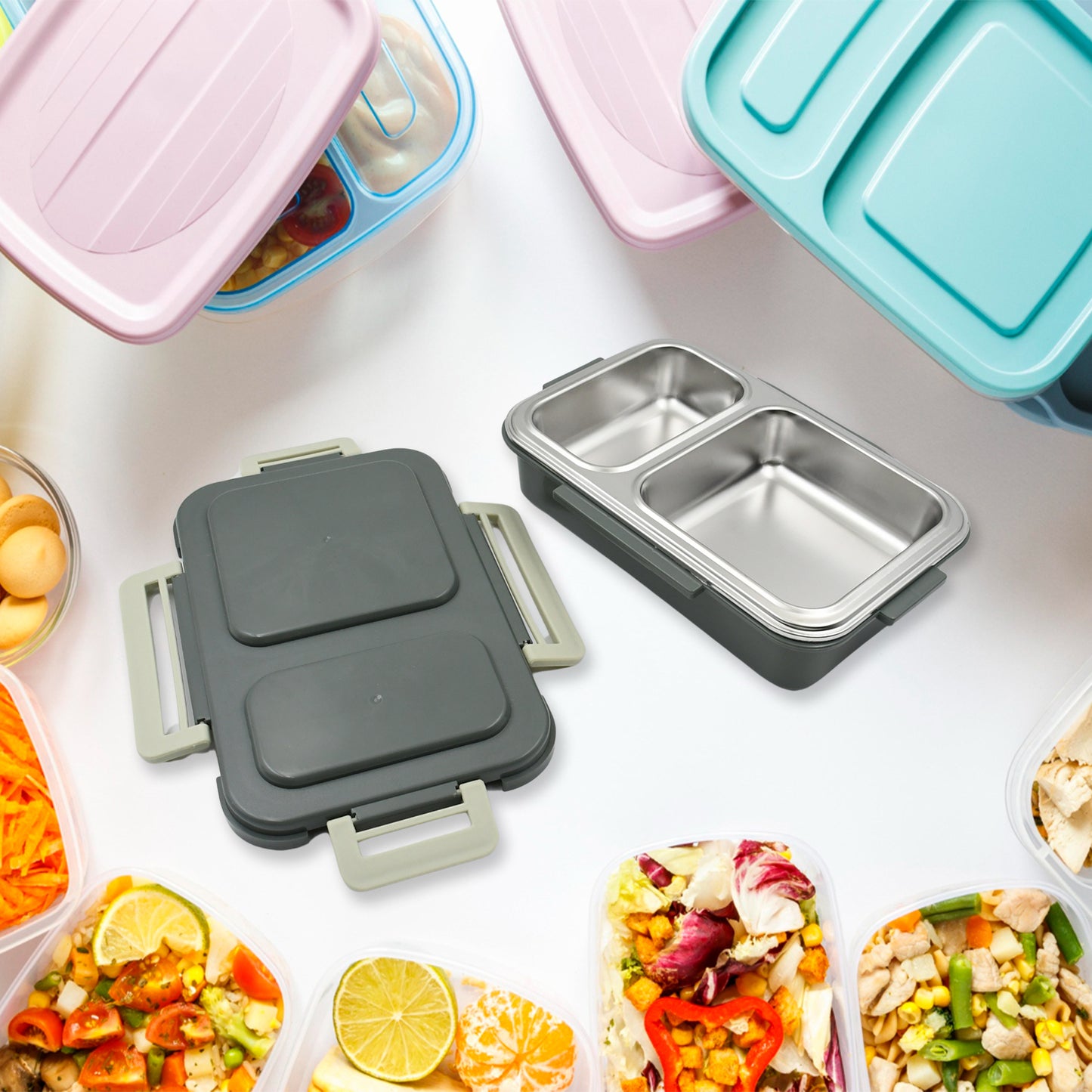 5583 Miracle Quick Lock Leak Proof 2 Compartment Stainless Steel Lunch Box Inner Plate Reusable Microwave Freezer Safe Lunch Box Trendy Thermal Insulation Leak Proof For Office Vacuum Tiffin Box For Boys Girls School Office Women And Men