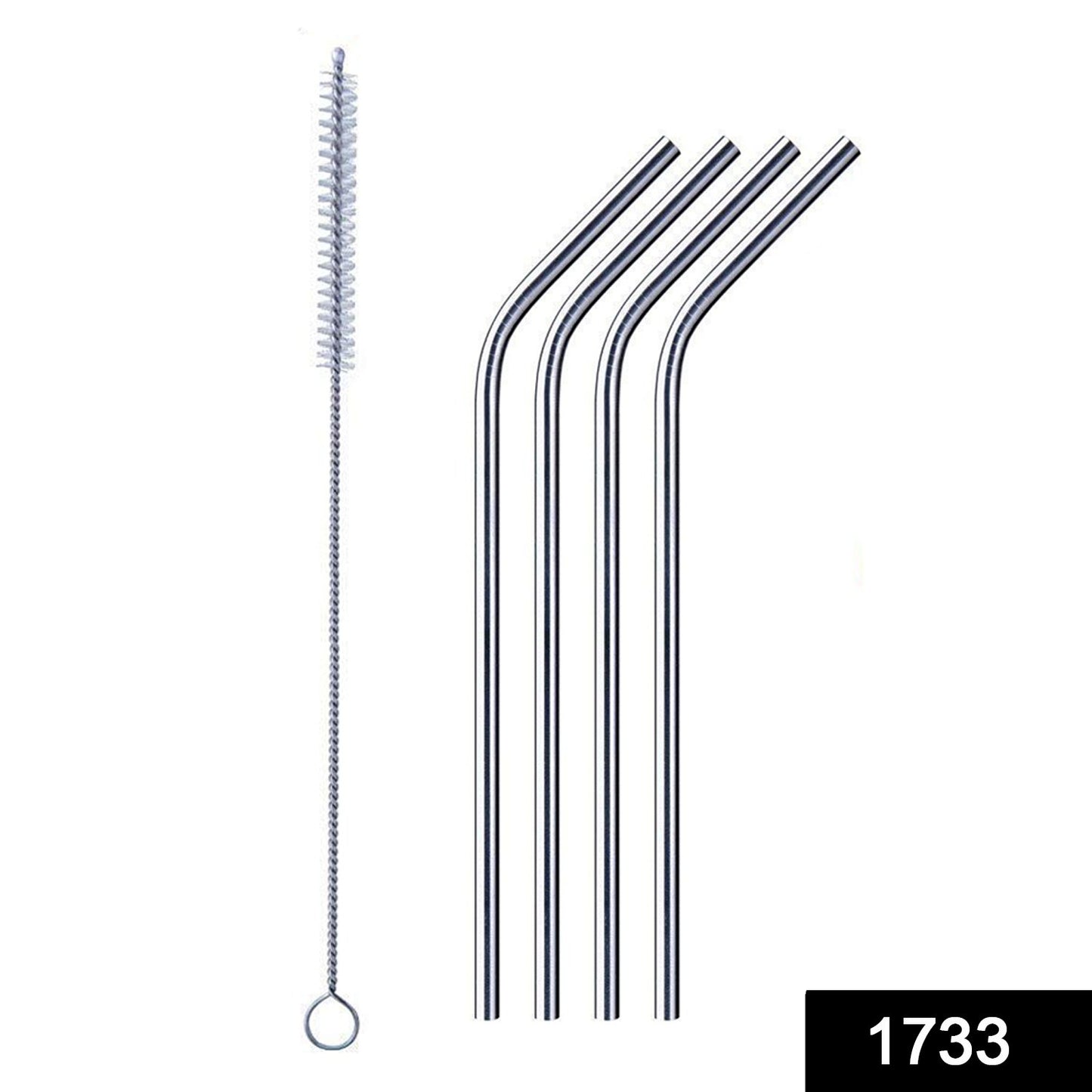 Set of 4 Reusable Bent Stainless Steel Straws with Cleaning Brush