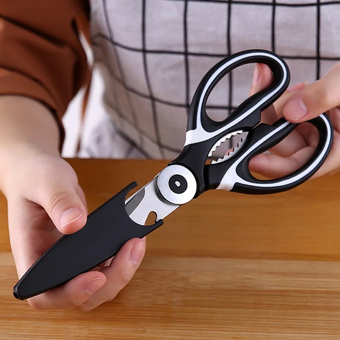 3 In1 Multi-function Kitchen Household For Vegetables Fruit Cheese Meat Slices With Bottle Opener Stainless Steel Sea Food Scissor (1 Pc )