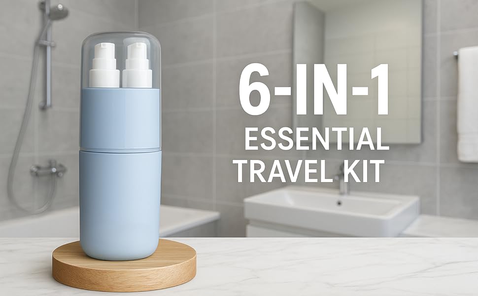 6-in-1 Travel Toiletry Kit – Compact Organizer for Men & Women with 2 Bottles, Toothbrush, Mirror, Comb & Cup