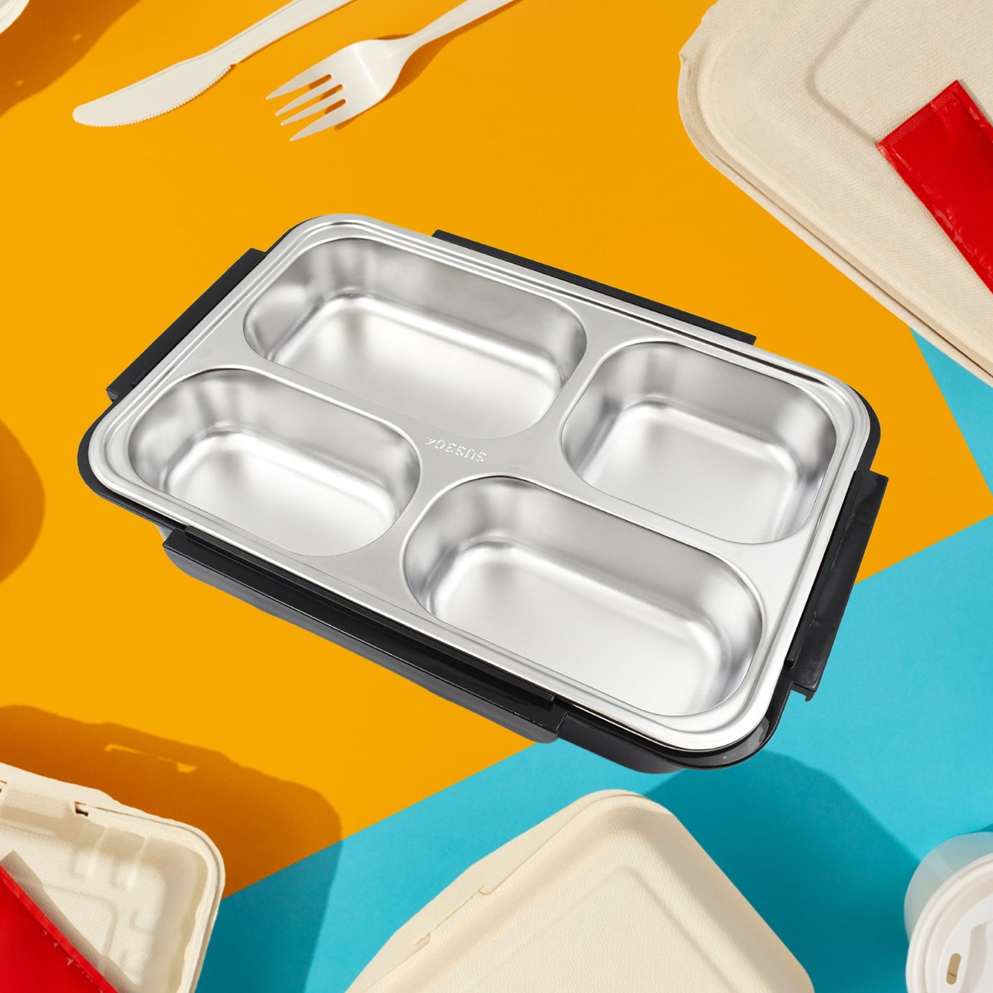 10034 4 Compartment Insulated Lunch Box Stainless Steel Tiffin Box For Boys Girls School Office Men For Microwave Dishwasher Freezer Safe Adult Children Food Container (1 Pc)