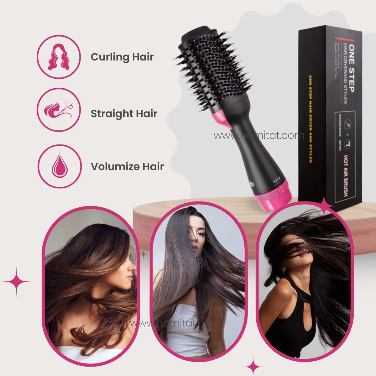 Hot Air Brush & Hair Dryer – 1000W Ionic Styler for Smooth, Voluminous, Frizz-Free Hair