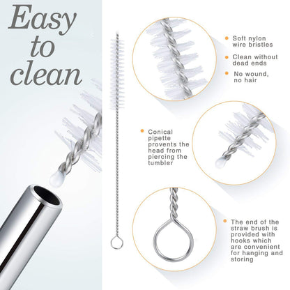 Set of 4 Reusable Bent Stainless Steel Straws with Cleaning Brush