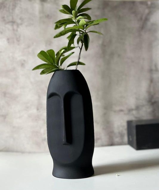 Modern Ceramic Face Vase | Decorative Black Flower Pot for Home & Living Room Décor | Unique Gift Idea
