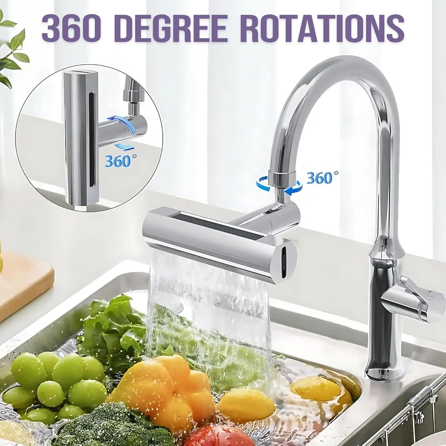 4-in-1 Swivel Waterfall Kitchen Faucet Extender | 360° Rotation | Touch Control | Multi-Mode Spray