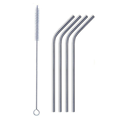 Set of 4 Reusable Bent Stainless Steel Straws with Cleaning Brush