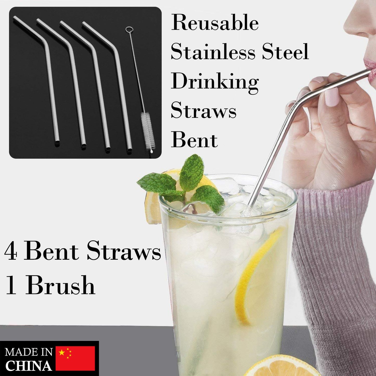 Set of 4 Reusable Bent Stainless Steel Straws with Cleaning Brush