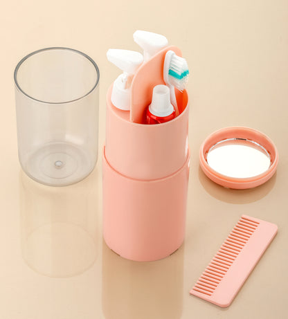 6-in-1 Travel Toiletry Kit – Compact Organizer for Men & Women with 2 Bottles, Toothbrush, Mirror, Comb & Cup