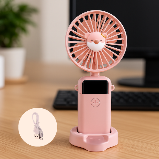 Smart Mini USB Fan – 5 Speeds, Battery Display & Mobile Stand