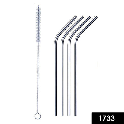 Set of 4 Reusable Bent Stainless Steel Straws with Cleaning Brush