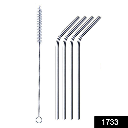 Set of 4 Reusable Bent Stainless Steel Straws with Cleaning Brush