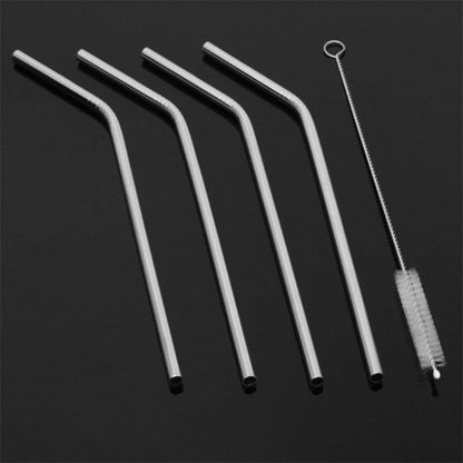 Set of 4 Reusable Bent Stainless Steel Straws with Cleaning Brush